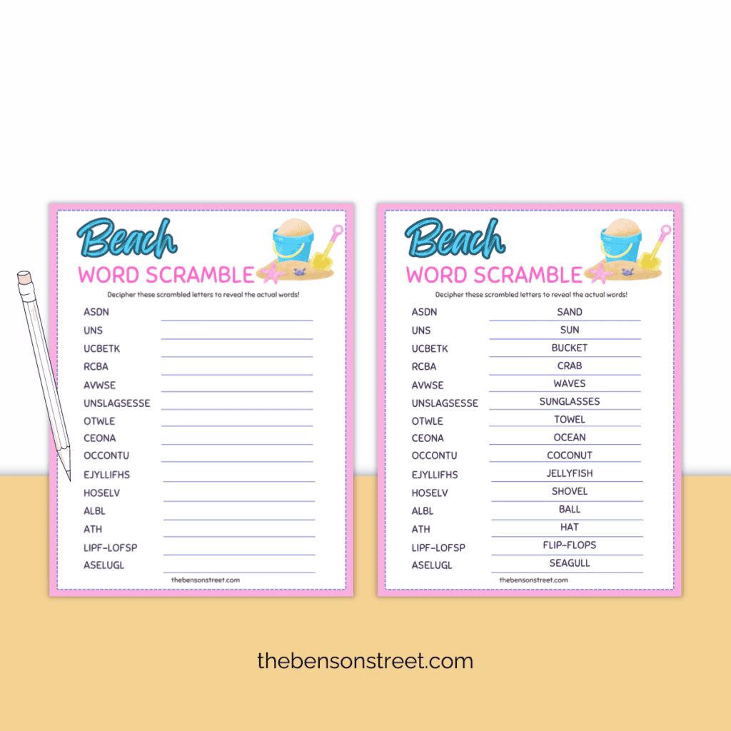 Simple and fun activity for kids. Printable beach word scramble with answer key and a pencil waiting to unscramble the beach words.