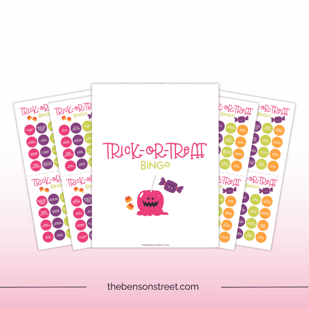 Colorful bingo cards for Halloween parties and trick-or-treating on October 31st.