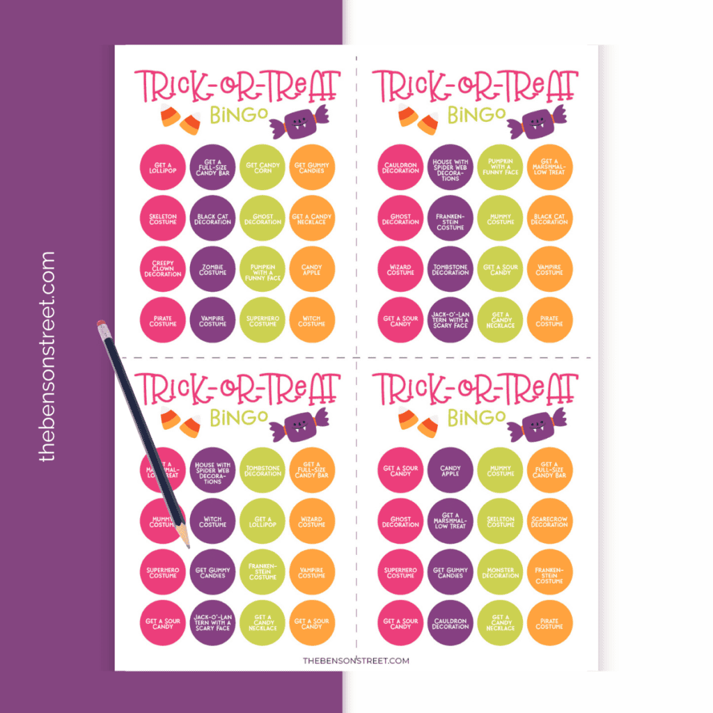 Printable Halloween bingo card featuring a mix of scary and cute prompts, including costumes and decorations.
