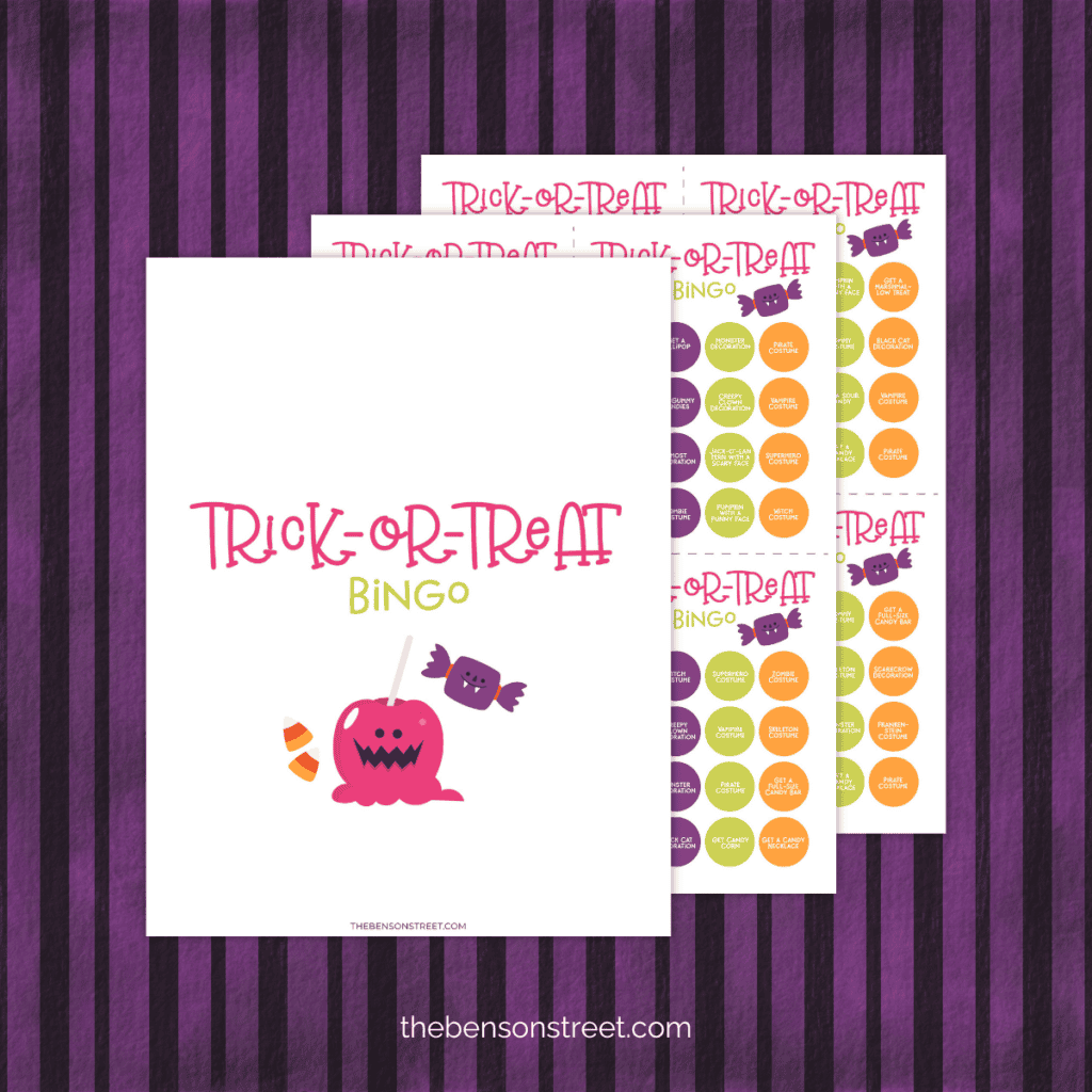 Kid-friendly Halloween bingo cards with items to find while enjoying Halloween.