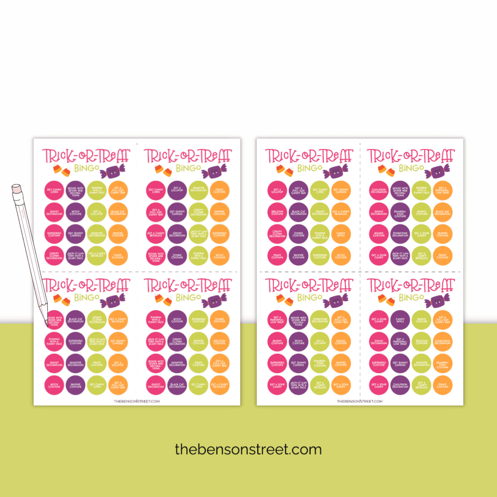 Printable Halloween bingo cards with a pencil ready to mark off items.