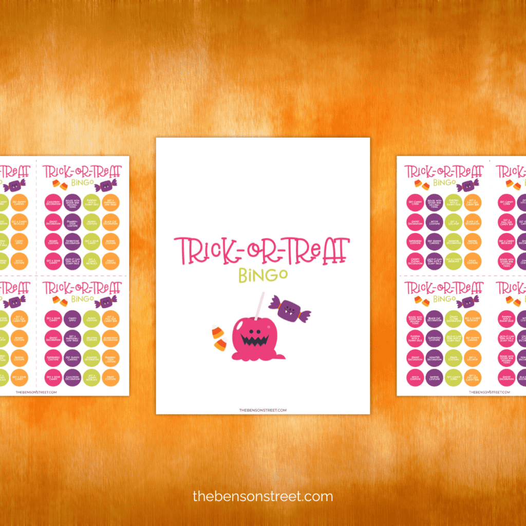 Printable trick-or-treat bingo card showcasing popular Halloween with items to mark off while trick-or-treating.