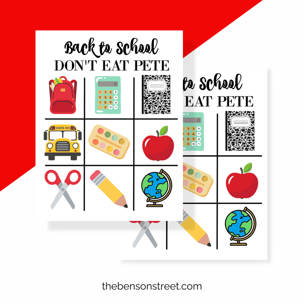 Free Printable Don't Eat Pete game boards with school images.