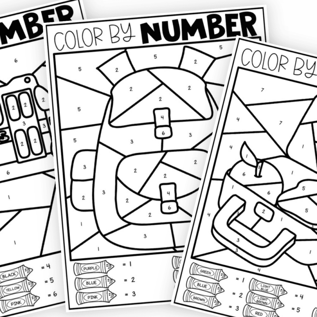 Printable black and white color by number worksheets displaying a friendly backpack, lunchbox, and school bus with numbers to guide the coloring.