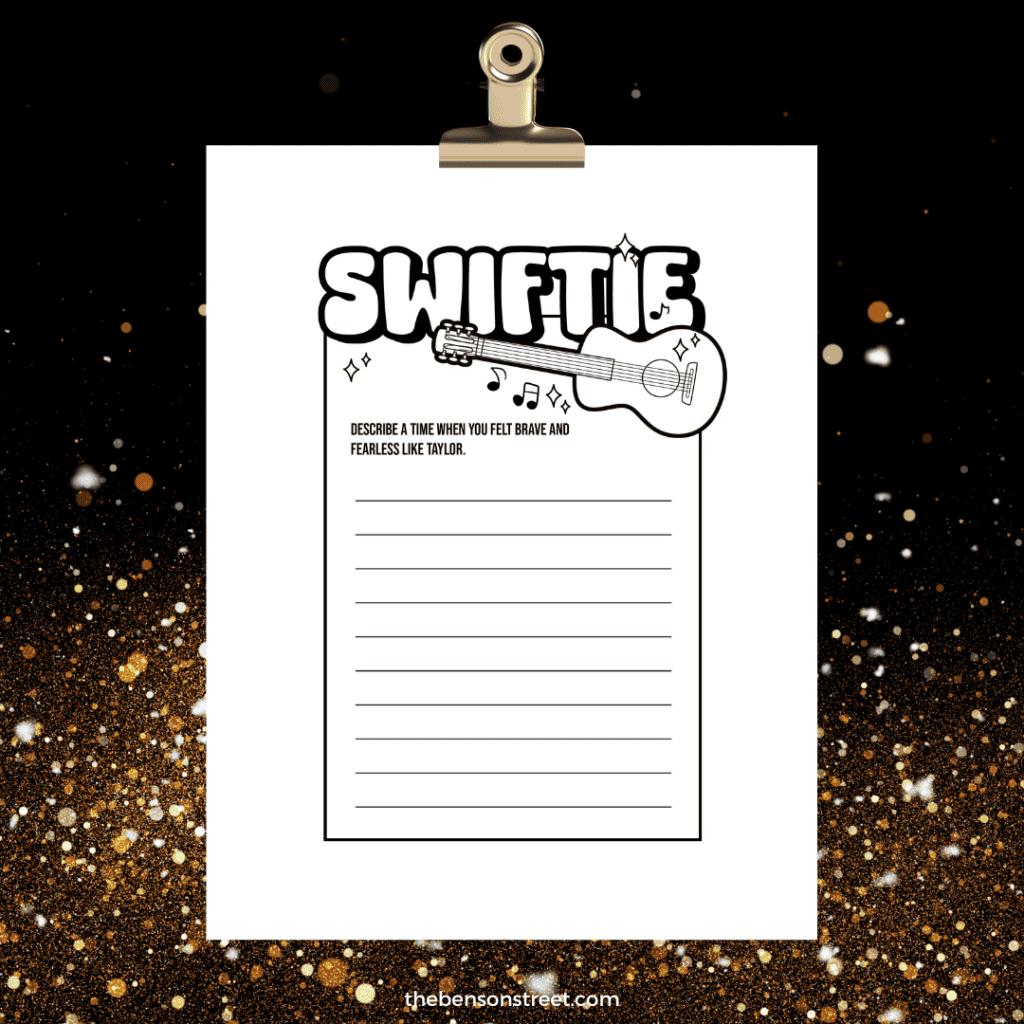 Clipboard with a Taylor Swift Writing Prompt paper clipped to it. Includes a guitar to color.