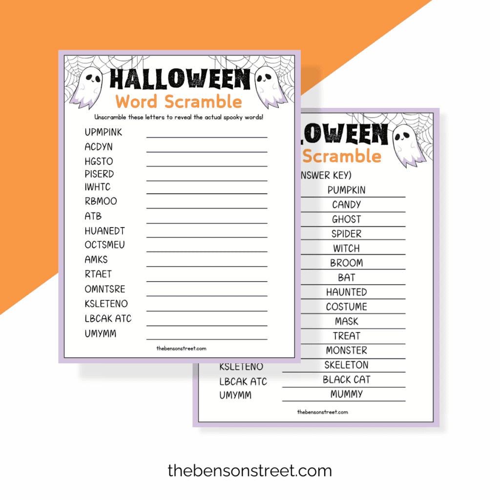 Free printable Halloween word scramble with spooky words to unscramble and an answer key