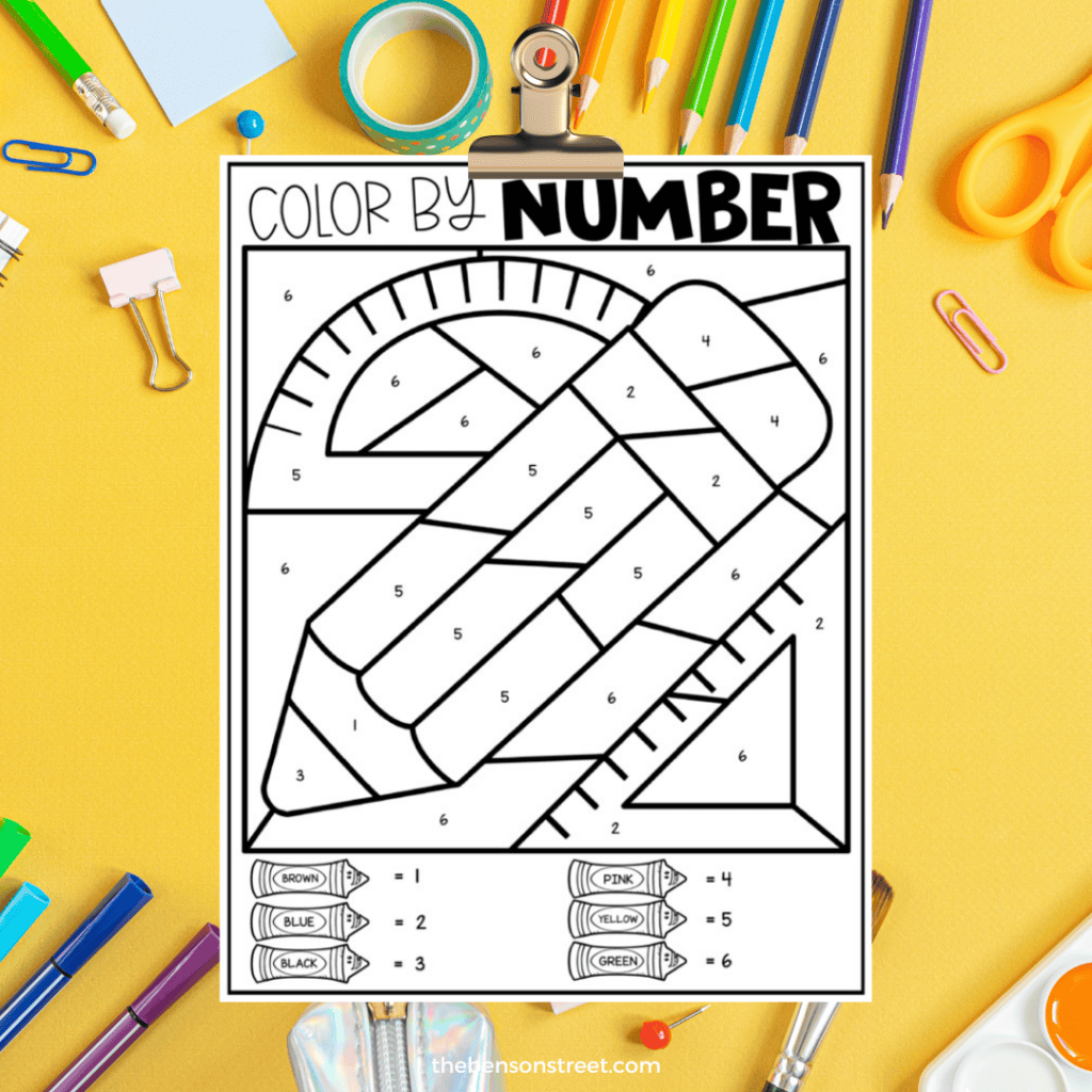 Free printable black and white back-to-school color by number worksheet illustrating a happy pencil and rulers with numbered sections for coloring.