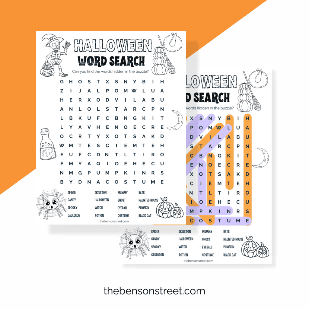 Halloween-themed word search puzzle for children, free to download and print with an answer key included.