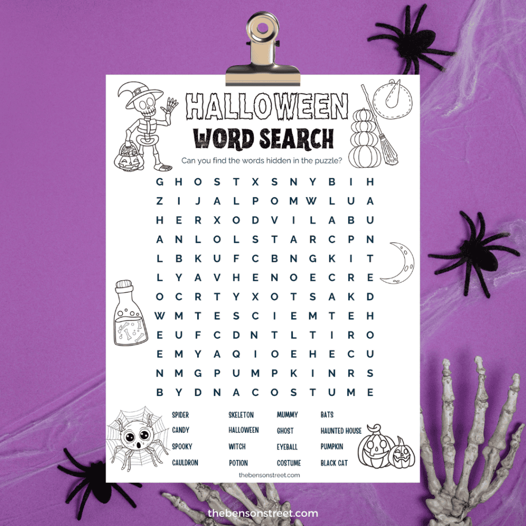 Fun Halloween word search for kids, featuring festive words and a free printable answer key.