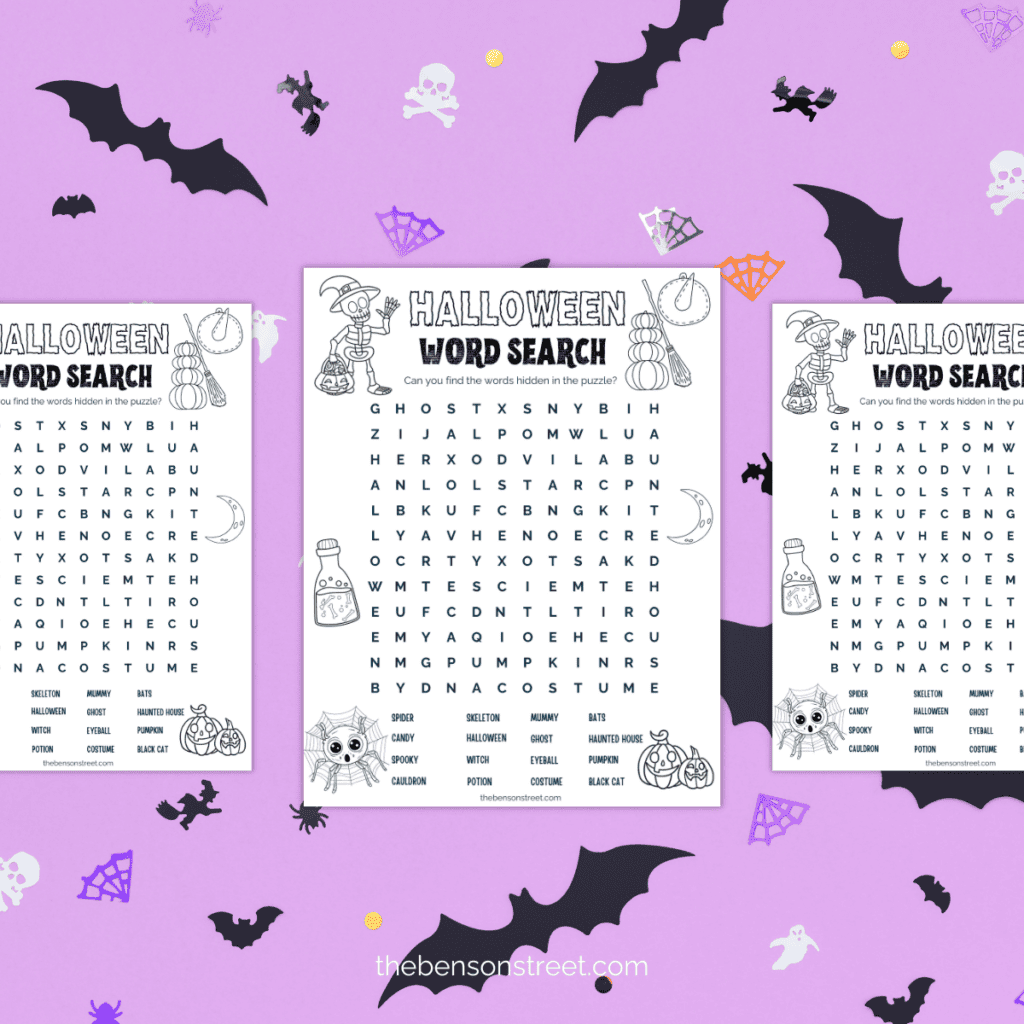 Free printable Halloween word search for kids featuring spooky-themed words and an answer key included.