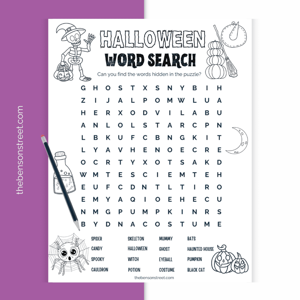 Printable Halloween word search for children with spooky words and a clear answer key.