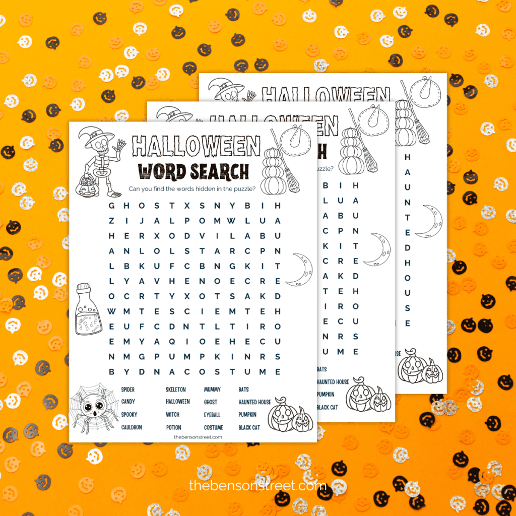 Printable Halloween word search for children with a coloring elements layout and an answer key for easy checking.