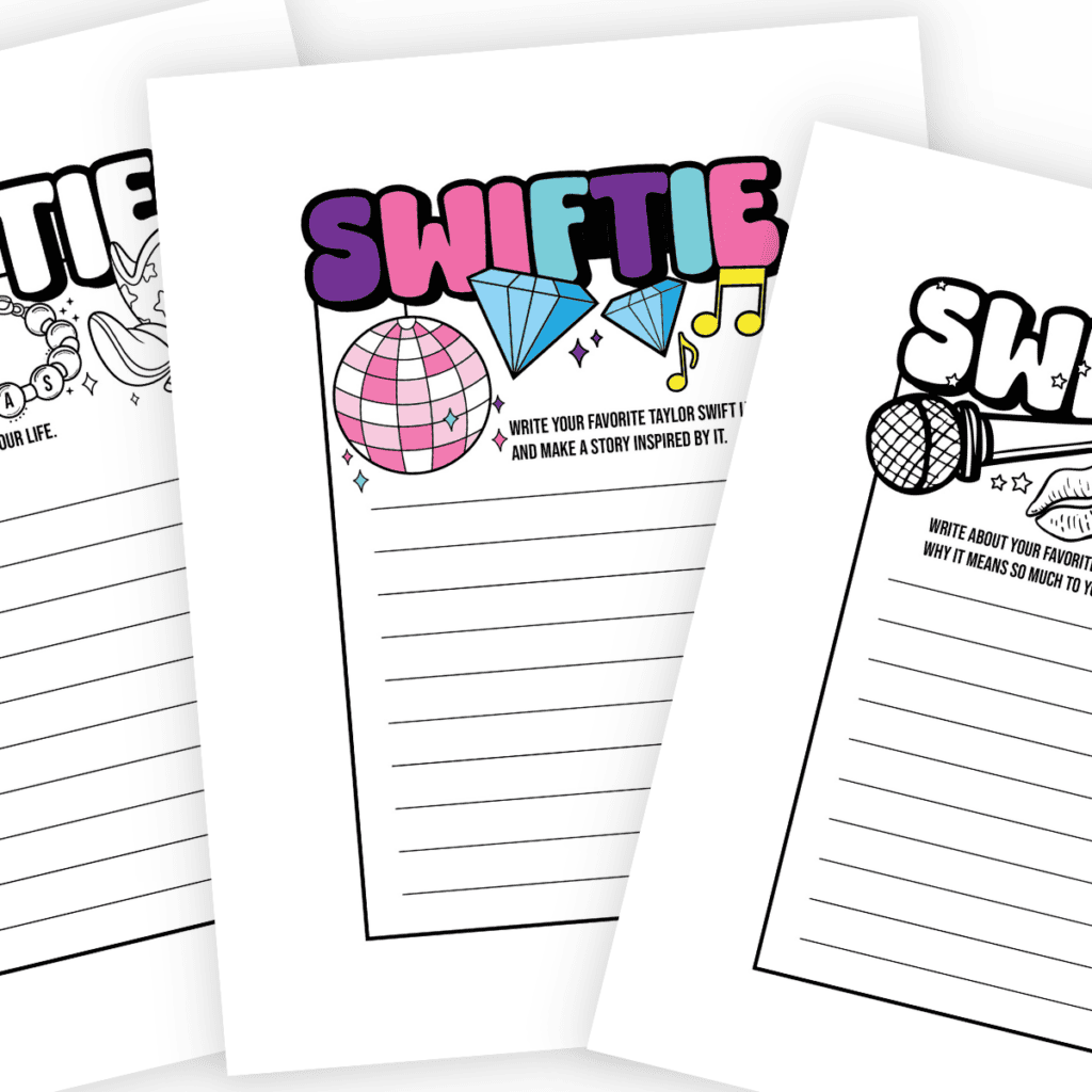 Three different Swiftie writing prompts and coloring crafts.