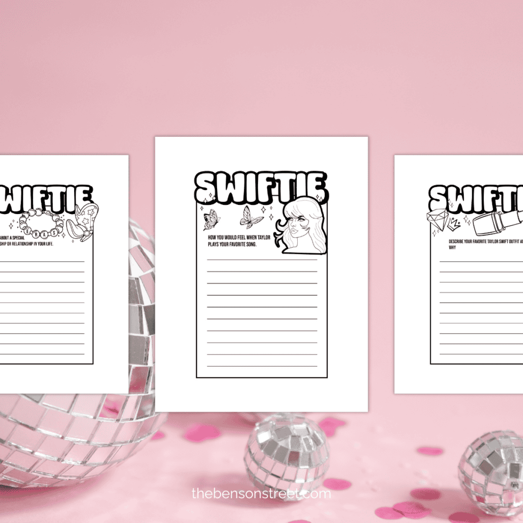 Three Taylor Swift Writing prompts for kids with disco balls in the background.
