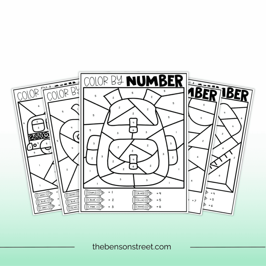 A black and white color by number worksheet for back-to-school, showing a stack of worksheets with numbered areas for coloring.