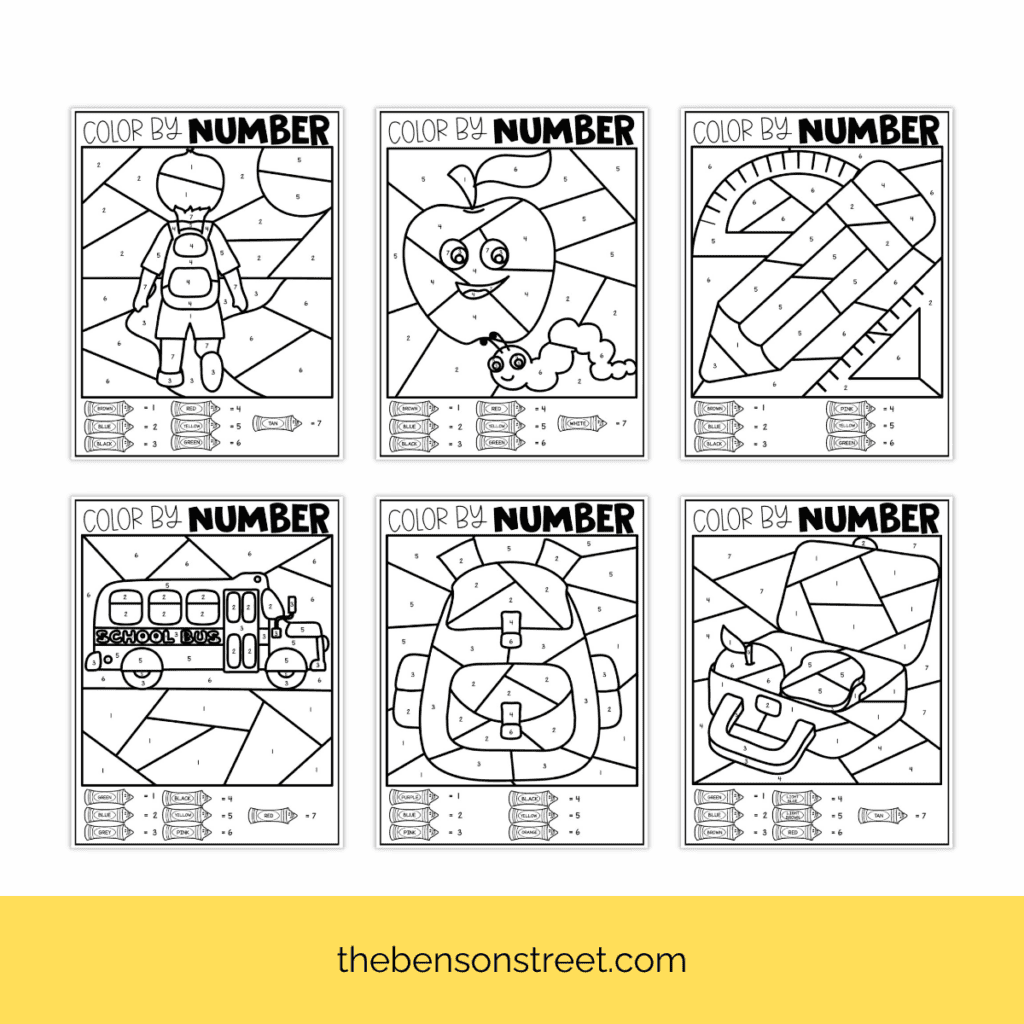 Six different Black and white printable color by number worksheets featuring a backpack with various school supplies and numbered sections for coloring.