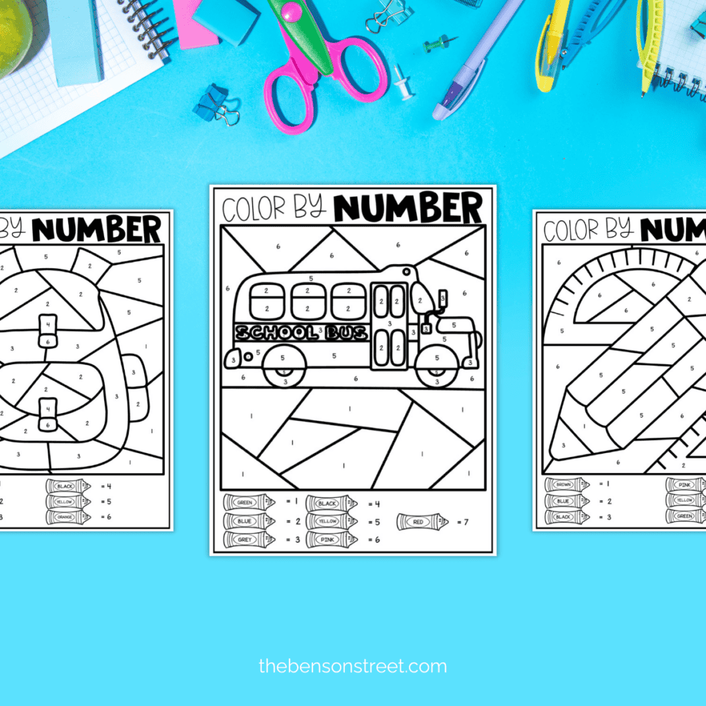 Back-to-school themed color by number worksheets in black and white, featuring a school bus, backpack, and pencil with numbered areas for coloring.