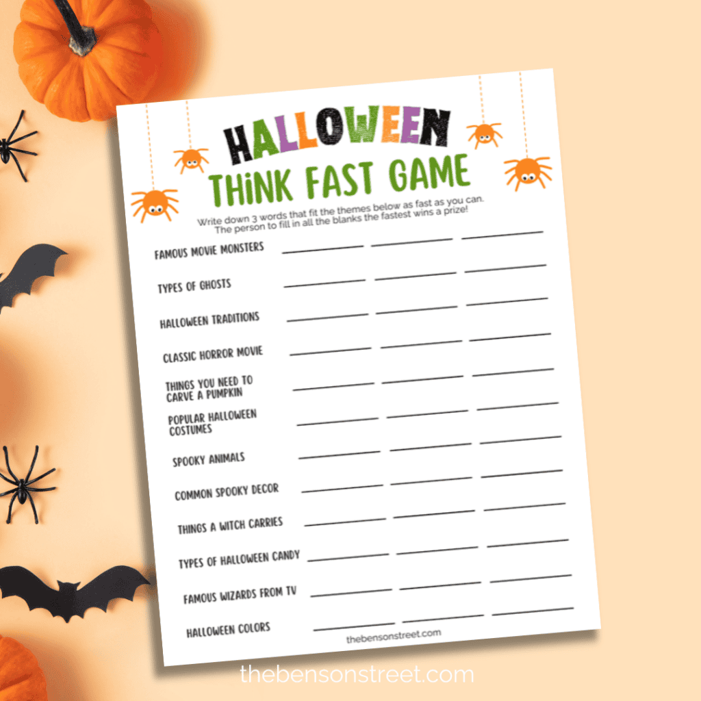 Free printable halloween think fast game printable sheet.
