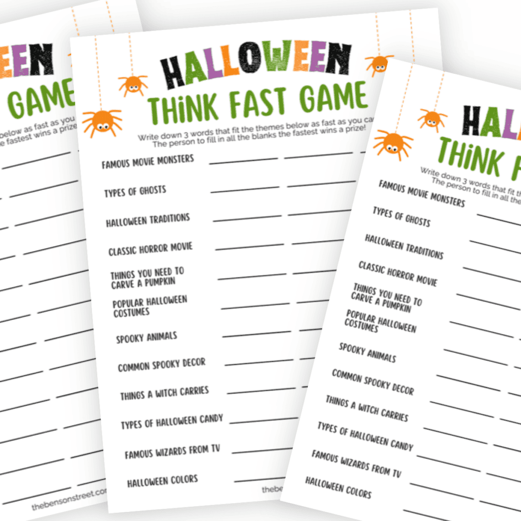 Stack of three Free printable Halloween Think Fast game sheets