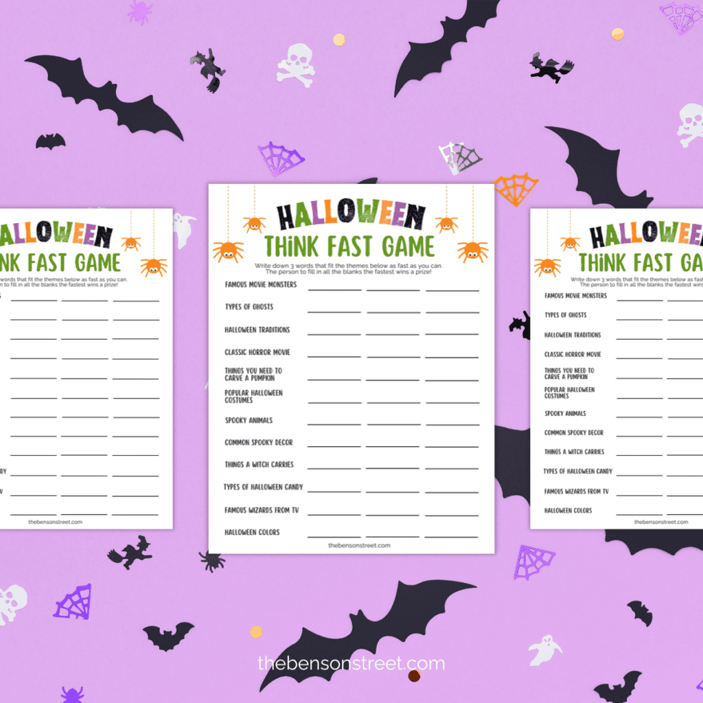 Quick and fun Halloween Think Fast game sheets on a purple halloween background.