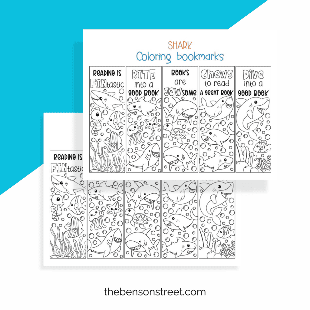 Two sheets of free printable shark bookmarks