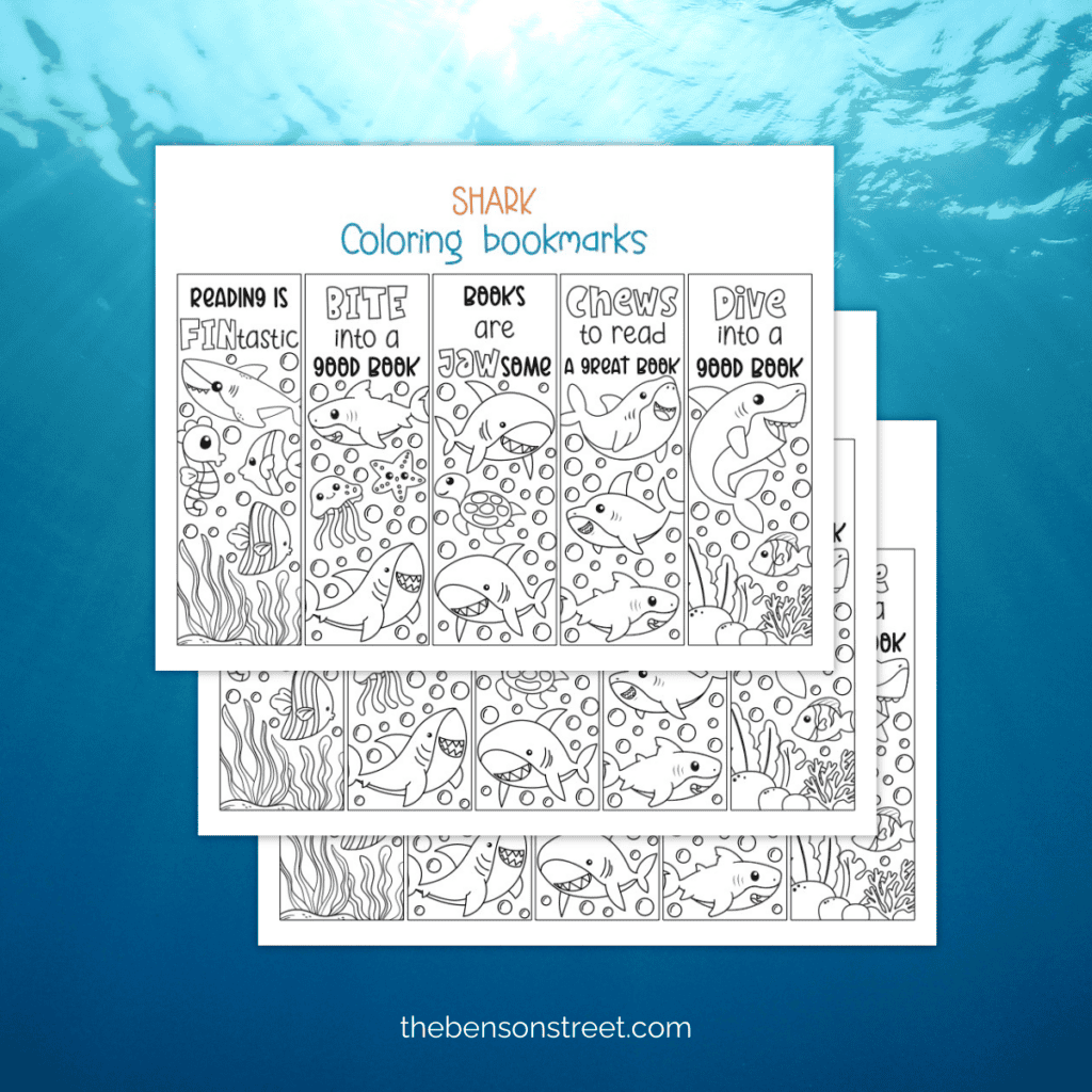 Three sheets of black and white shark bookmarks to color