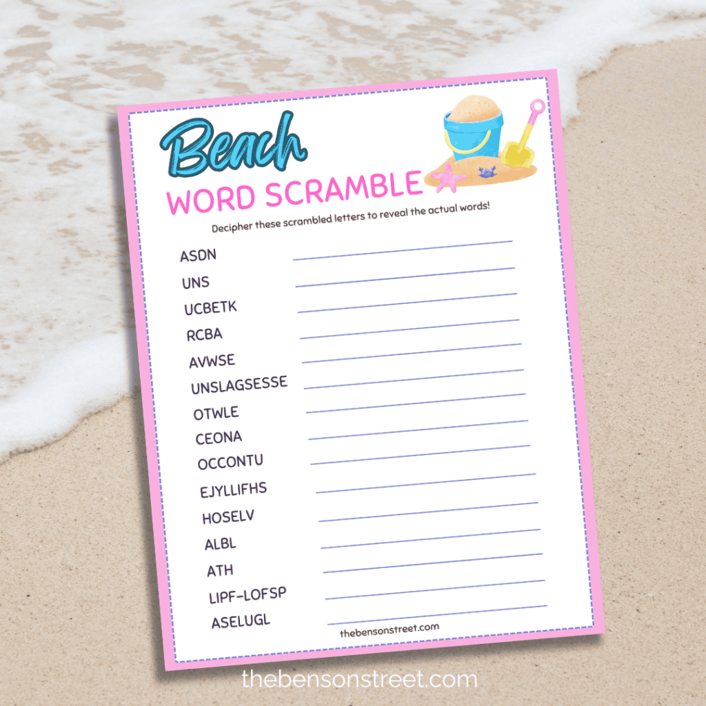 Printable word scramble game with a beach theme on a beachy background.