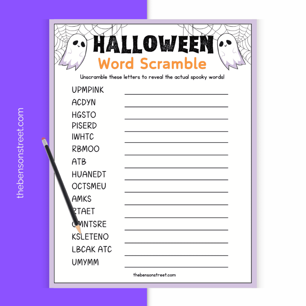 Free Printable Halloween word scramble with apencil on top