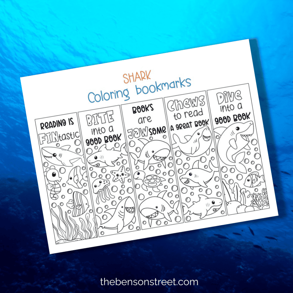 Page of shark themed coloring bookmarks on an ocean water background