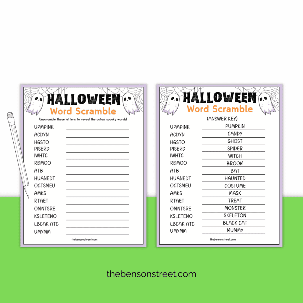 A Halloween Word Scramble with a pencil on it with an answer key.
