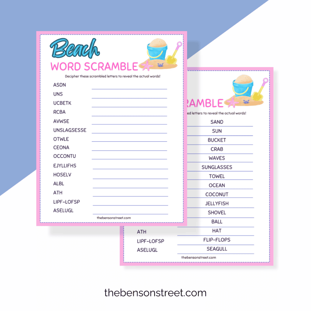 Free Printable beach word scramble with answer key in the back.