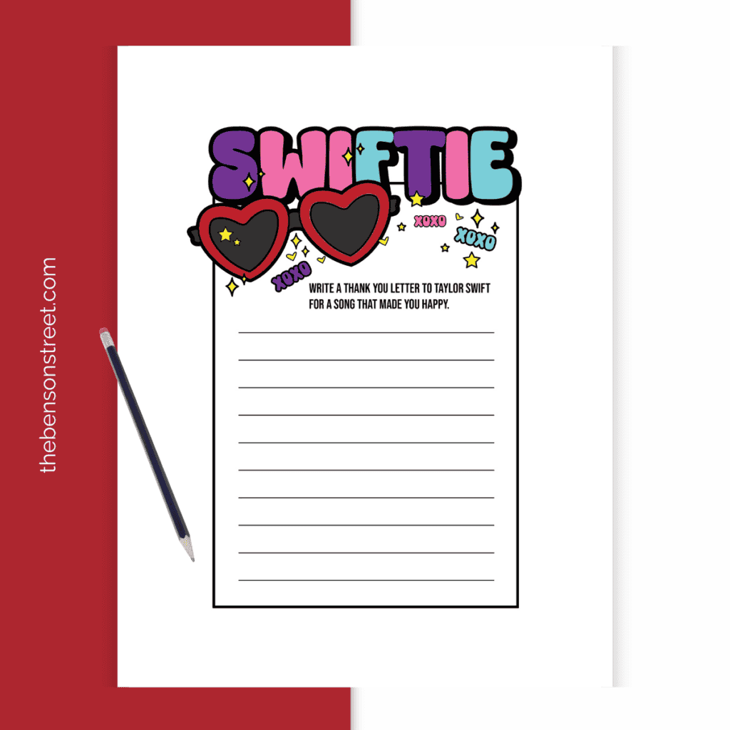 Swiftie Printable writing prompt with iconic red taylor swift heart sunglasses and a pencil on top.