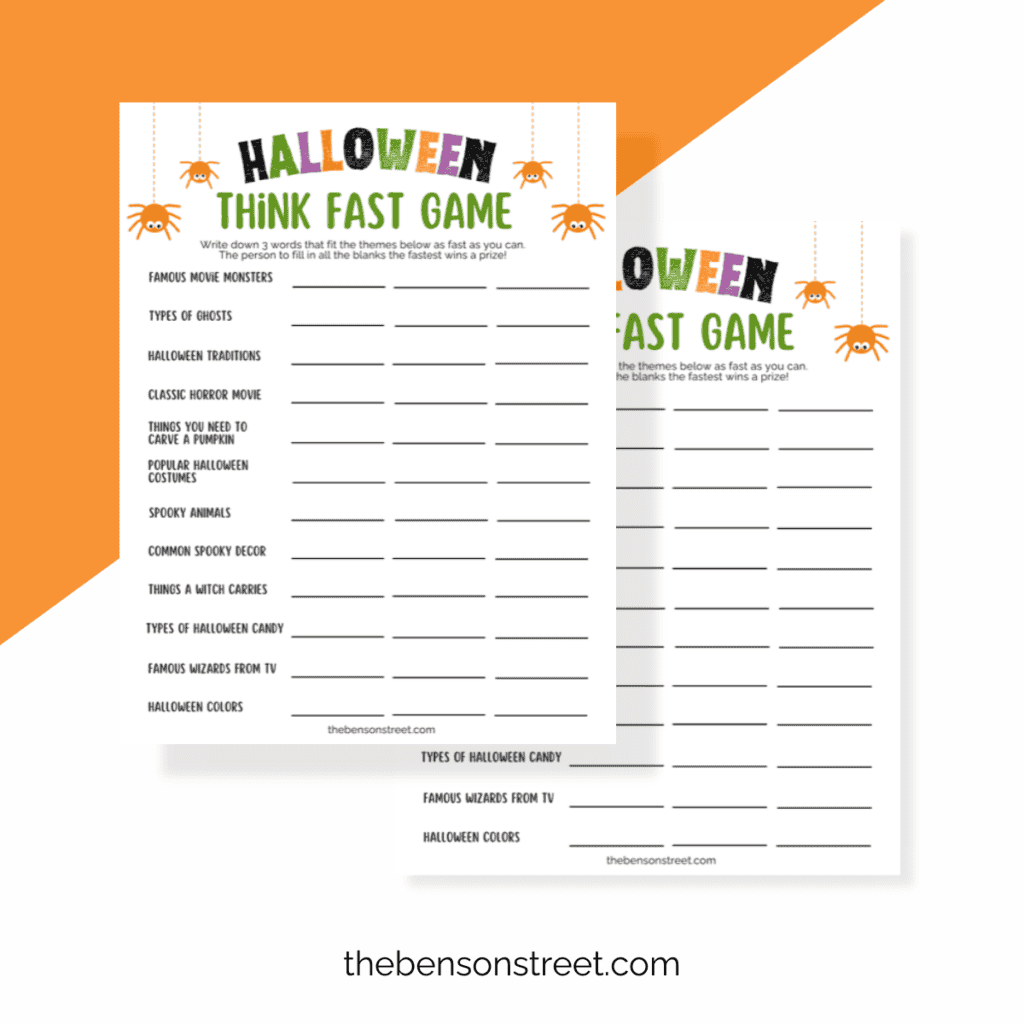 Two Halloween Think Fast Game sheets on top of each other.