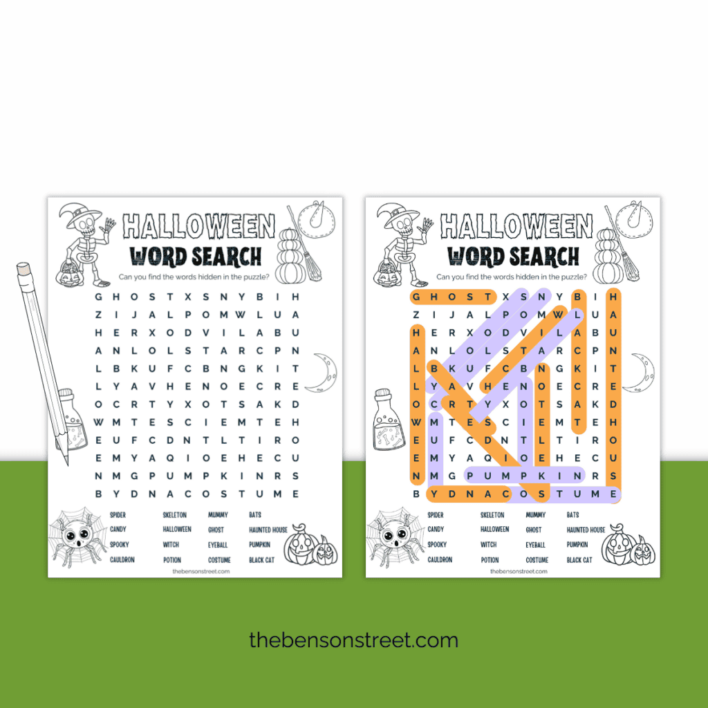 Kids' Halloween word search puzzle, free printable with spooky words and an answer key.