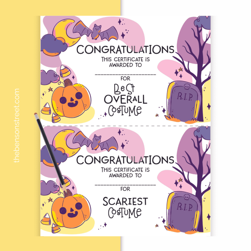 Best overall costume and scariest costume printable award certificates with a pencil to fill in the name.