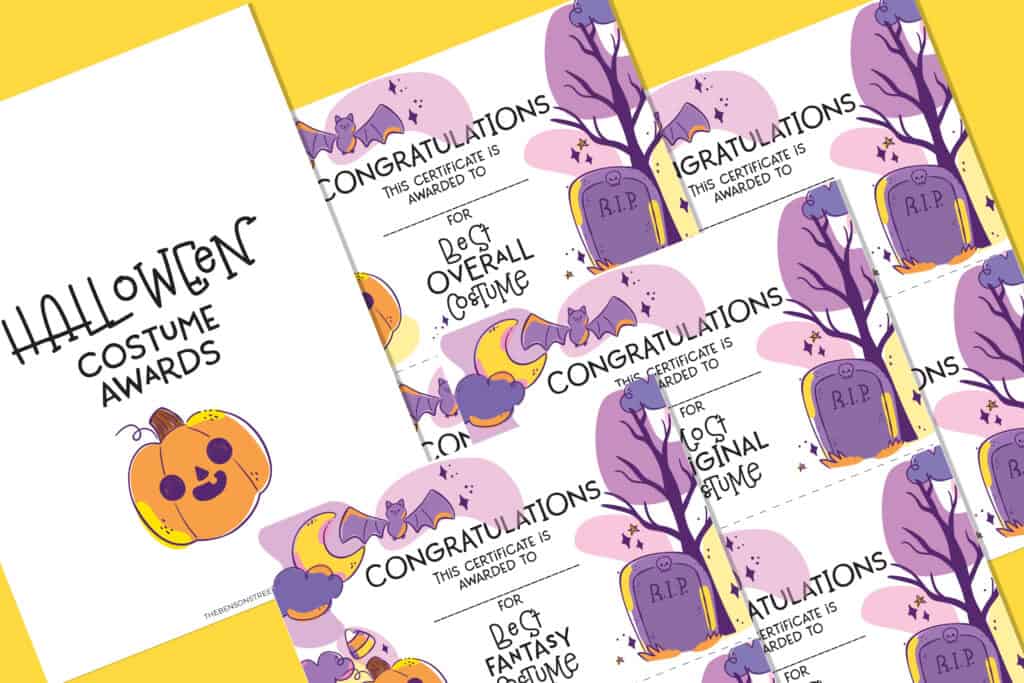 Flat lay of sheets of printable Halloween costume awards