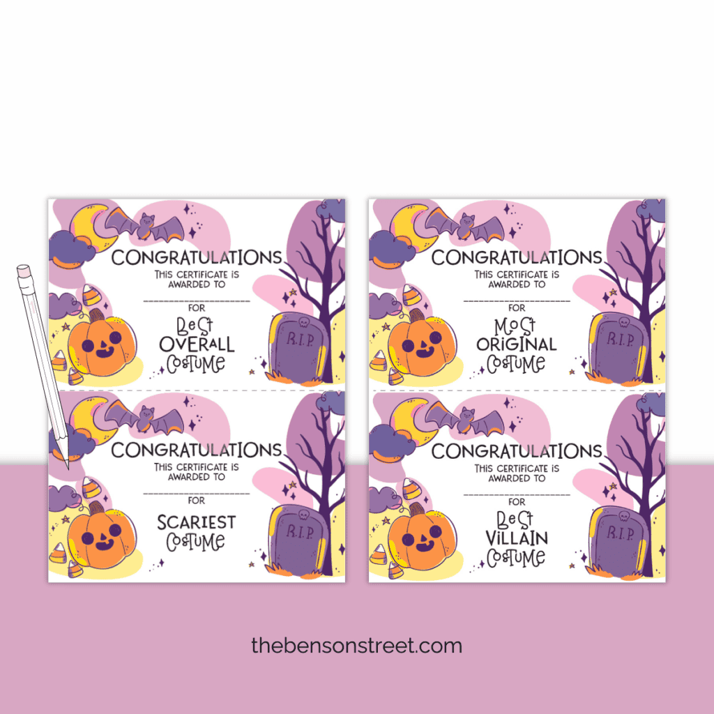 Best Halloween costume awards free printable with a pencil ready to fill in.