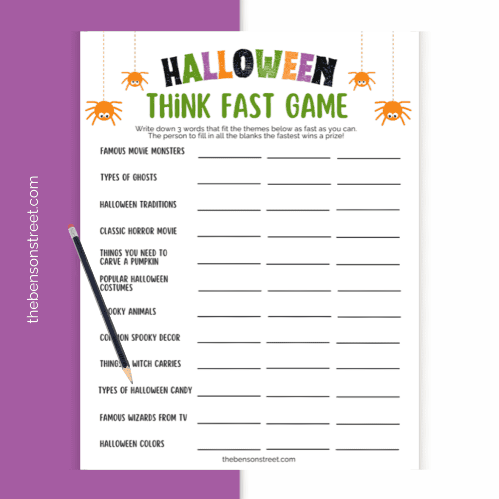 One sheet of paper with a free printable halloween think fast game on it with a pencil ready to fill in prompts.