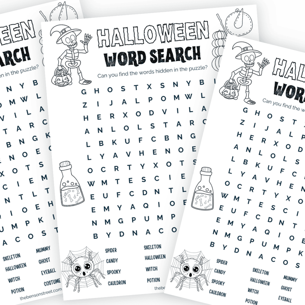 Halloween word search puzzle for kids, free to print with a fun and festive design and an answer key.