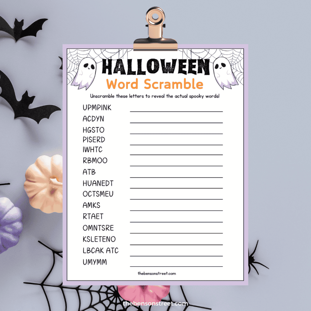 A Halloween Word Scramble game on a clipboard