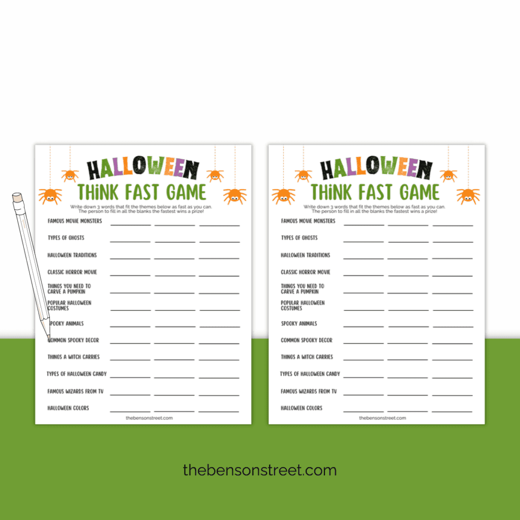 Halloween think fast game printable with a pencil ready to fill in answers.