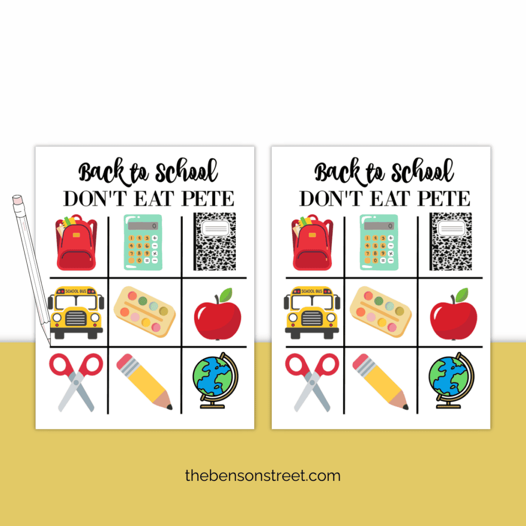 Printable Back to School Don't Eat Pete game board with a pencil on top.