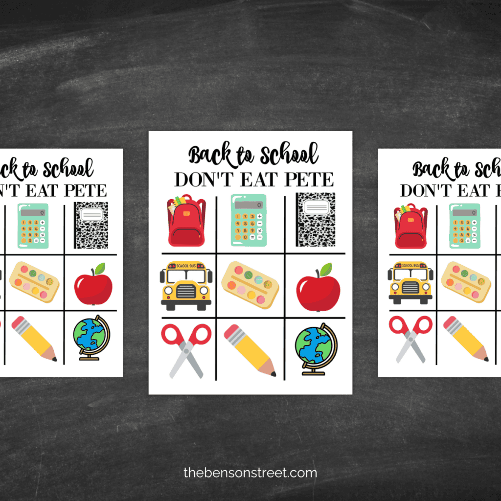 Printable Don't Eat Pete game board with school icons" - Printable version of the game board featuring school-related icons like apples, backpacks, and crayons.