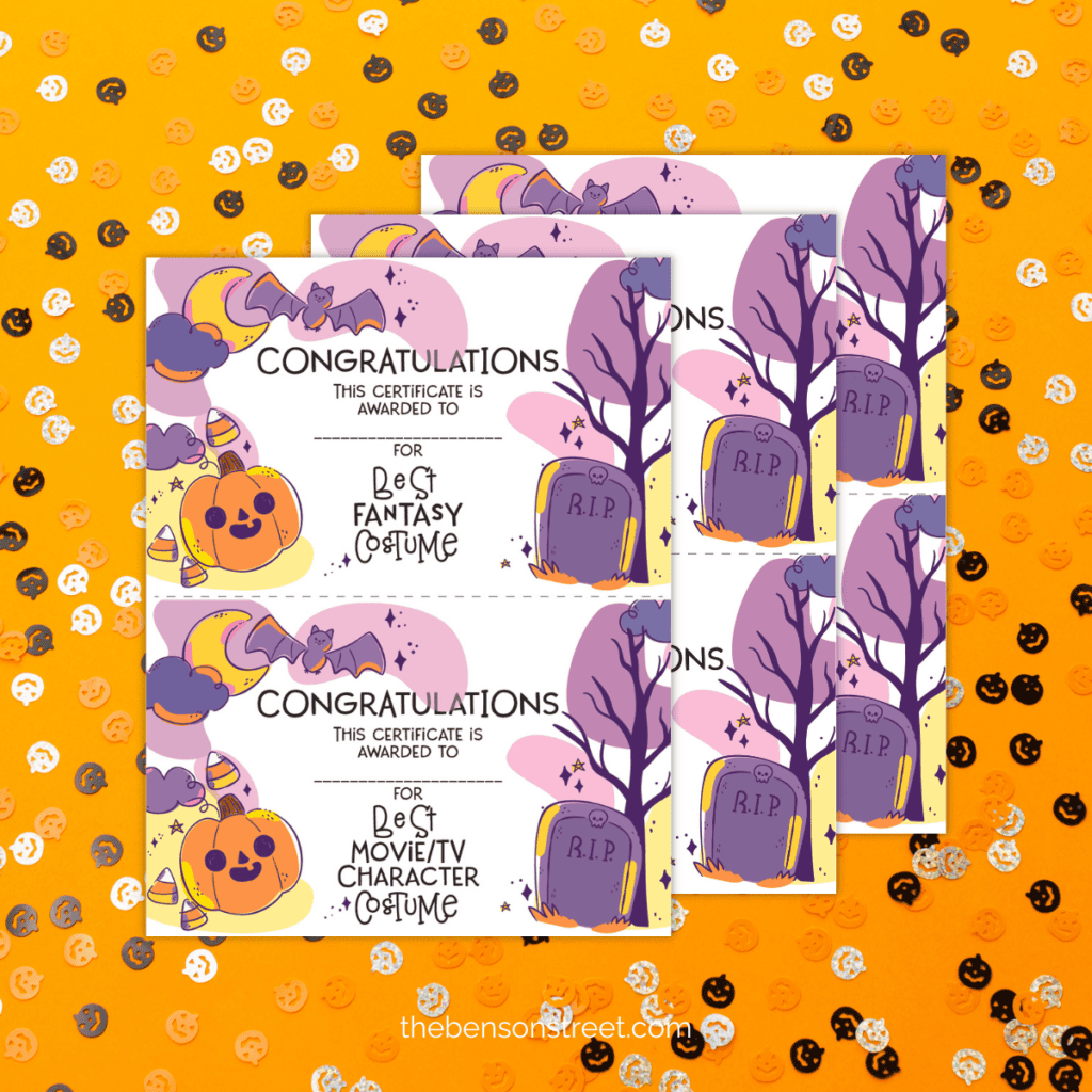 Pages of Halloween Costume awards from a free printable set.