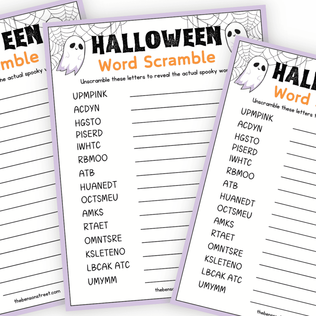 Stack of Halloween Word Scramble puzzles.