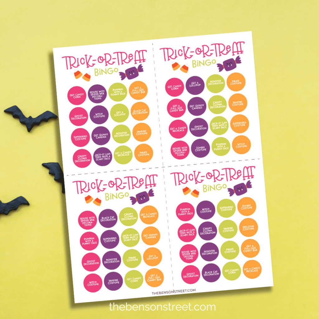 Whimsical Halloween-themed bingo card to take trick-or-treating.