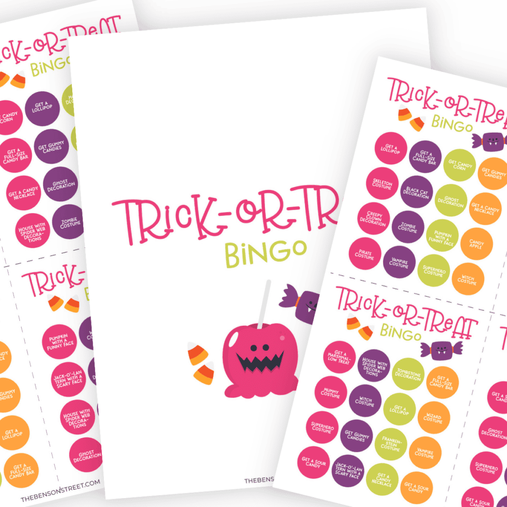 Stack of Halloween Trick-or-Treat bingo cards with cute candies on the cards.