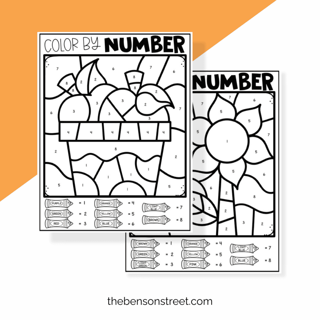 Two fall printable color by number pages. One with apples in a basket and one with a sunflower