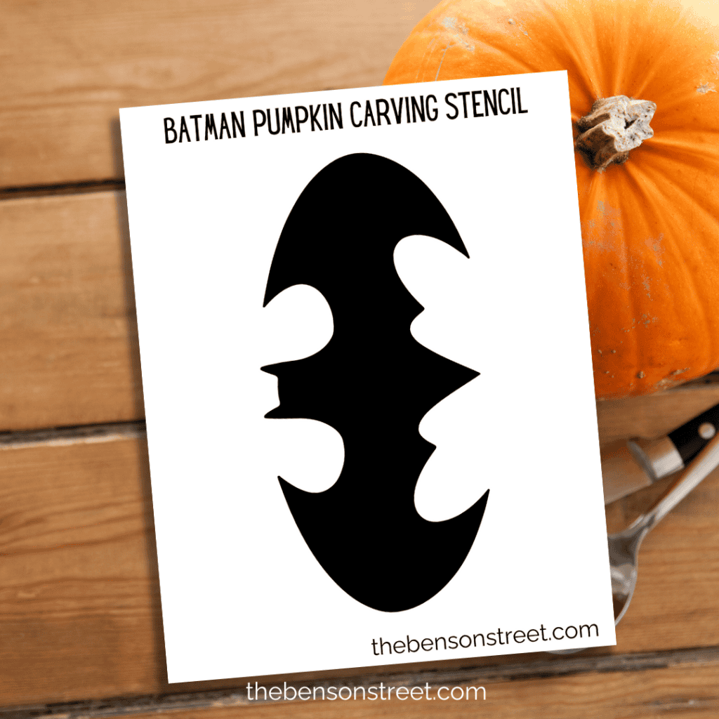 Printable page featuring a Batman pumpkin stencil, ideal for carving a detailed Batman logo onto a Halloween pumpkin.