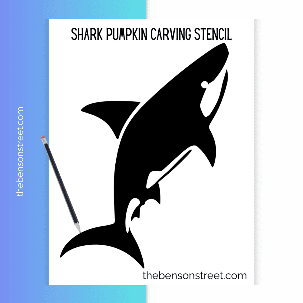 A printable shark pumpkin stencil featuring the outline of a shark's body with sharp teeth and a sleek fin, designed for easy carving on a pumpkin.